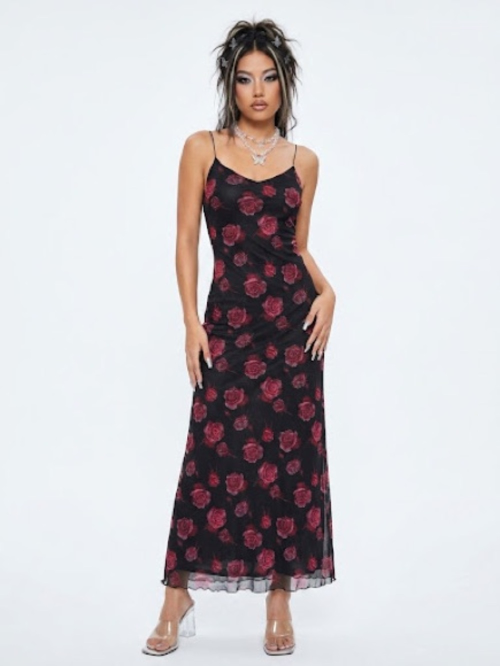 Y2K Spaghetti Strap Rose Print Crinkly Mesh Maxi Dress Baddie Fairy Grunge Witch